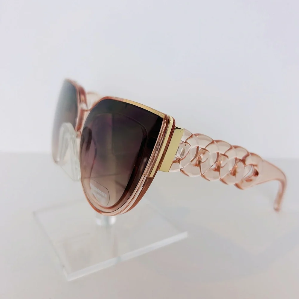 Sunglasses Pink Clear Frame Brown Lens W/Round Link Design Gold Trim Cat Eye NEW